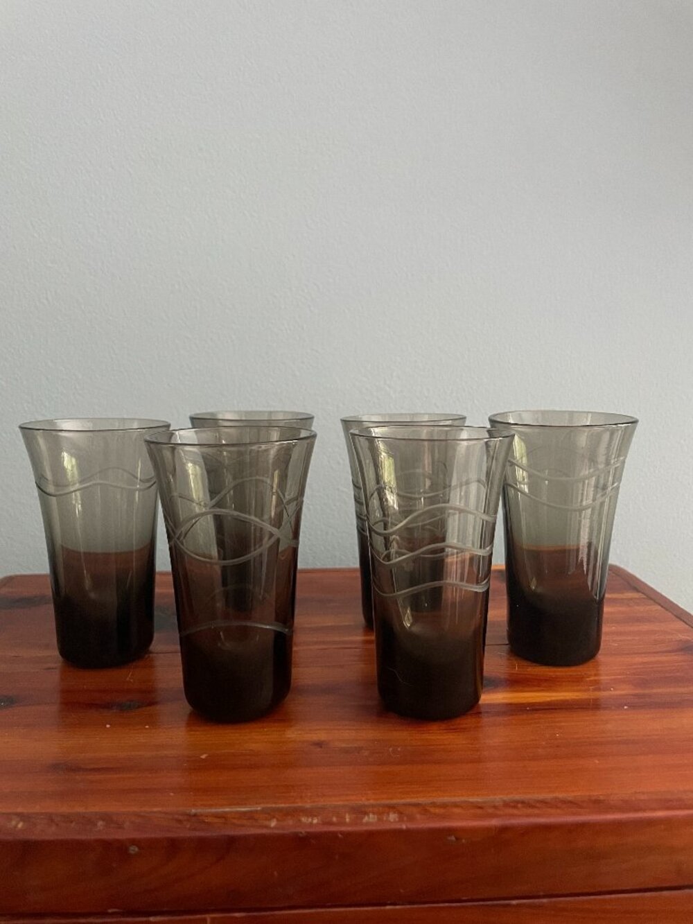 Vintage Smoke Gray Etched Swirl Shot Sake Glass Tapered Set of 6 3.5" Tall